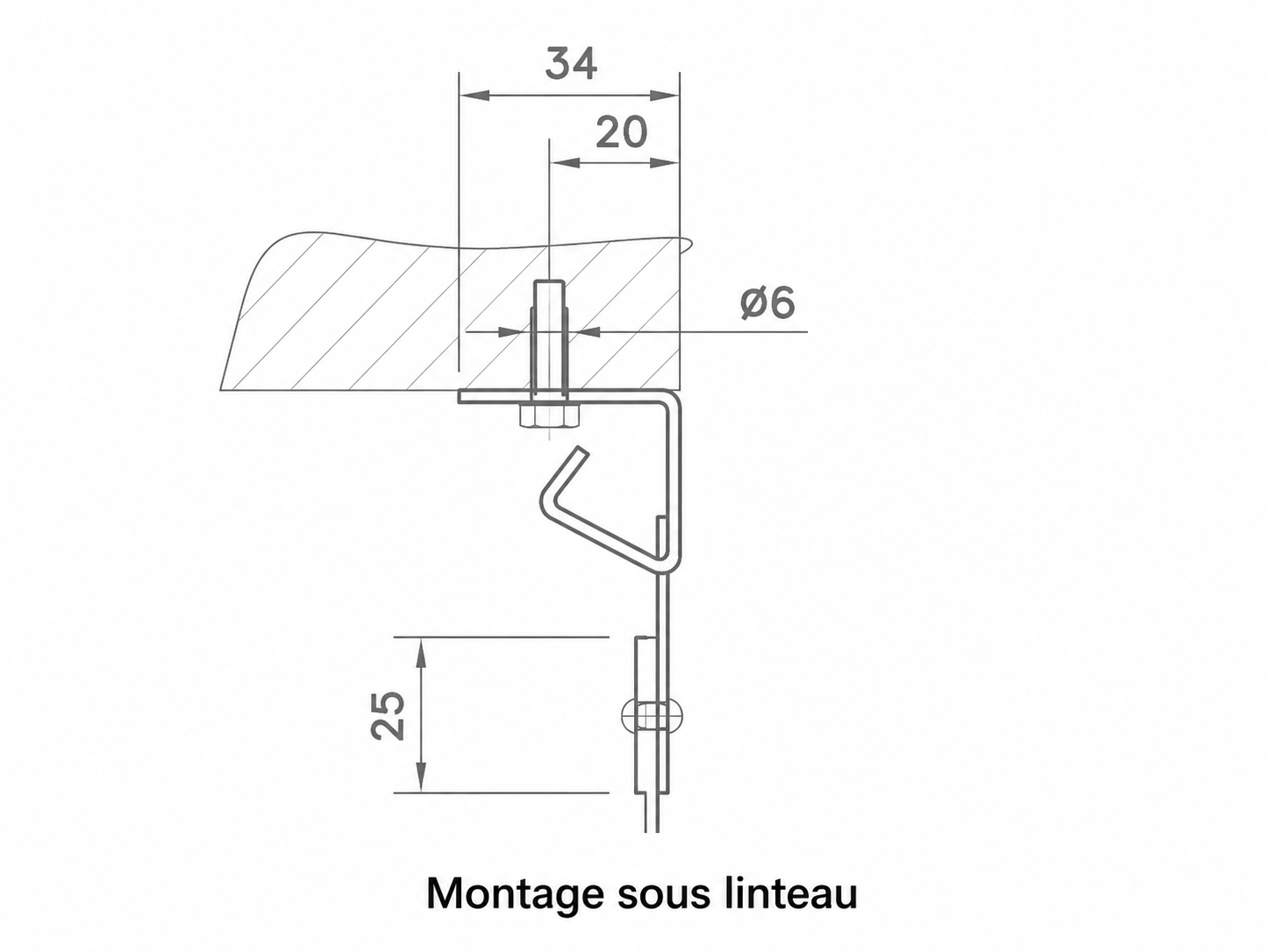 Vue en coupe du montage sous linteau, contre le plafond